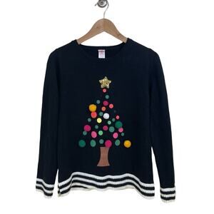 Colorful Pom Pom Christmas Tree Black White Striped Holiday Sweater Size Small
